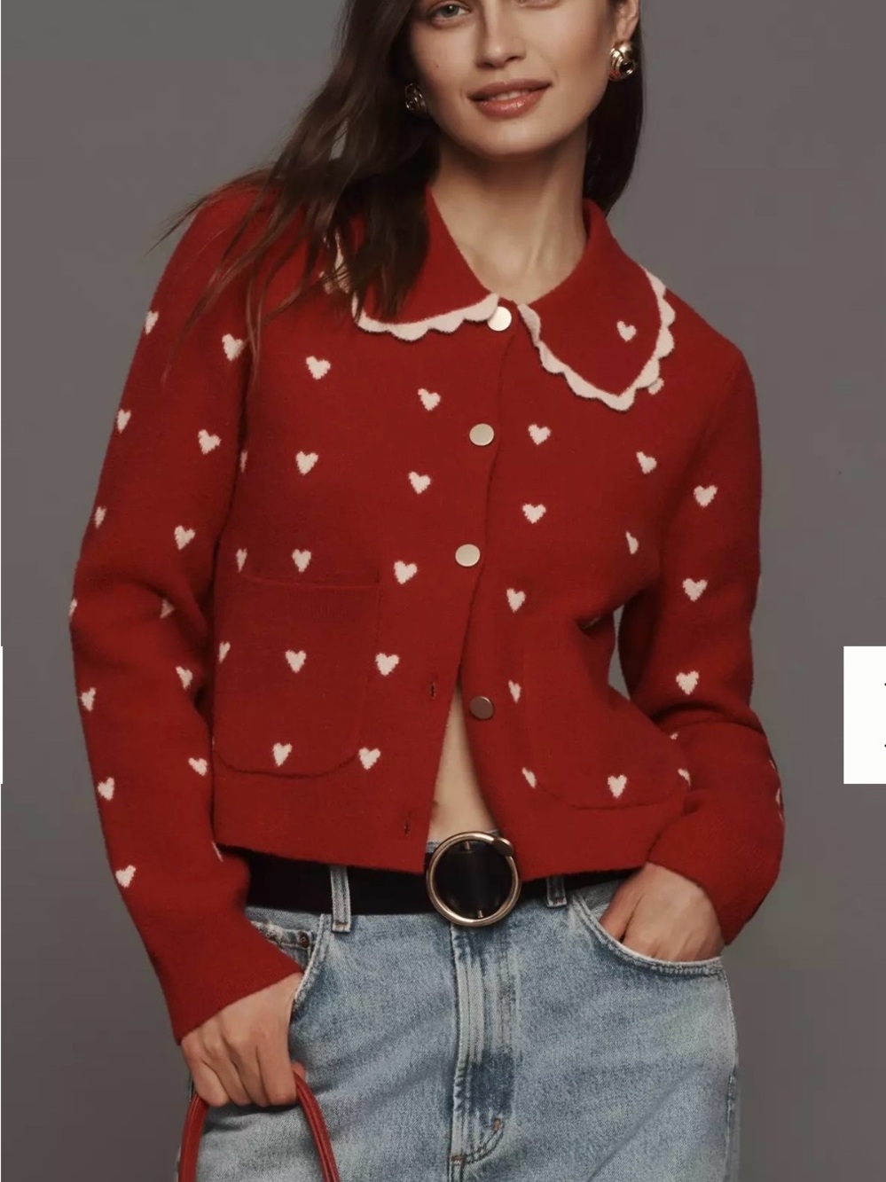 Anthropologie Red Cardigan with White Heart Motif